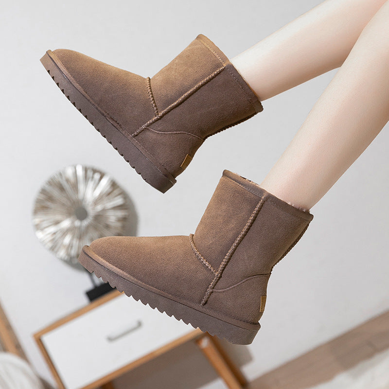 Winter New Women's Snow Boots Cowhide Faux Fur Non-Slip Thickened Cotton Boots Northeast Warm Women's Mid-Calf Snow Shoes