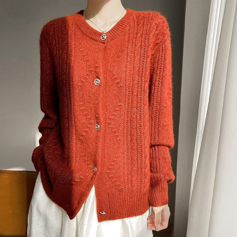 Silk Cashmere Series 25 Years Early Spring New Style 75% Cashmere 25% Mulberry Silk Drum Wave Round Neck Cardigan Jacket for Women
