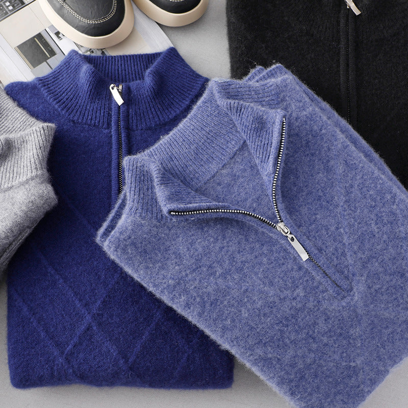 New Half-turtleneck Cashmere Sweater Men's Zipper Sweater Solid Color Knitted Sweater Long-sleeved Sweater Men's Knitted Base Shirt for Men