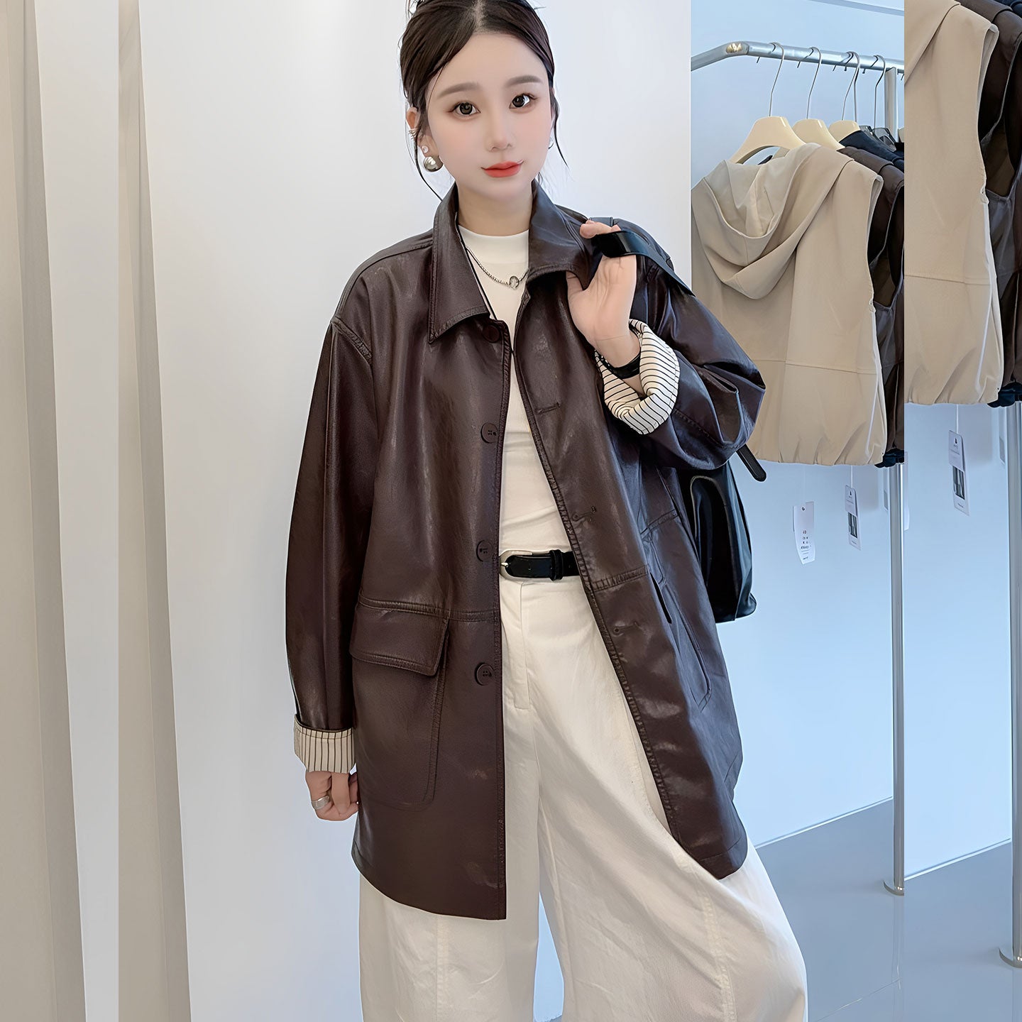 2026 Spring New Korean Style Retro Spliced Striped Cuff Design Mid-Length Leather Jacket for Women