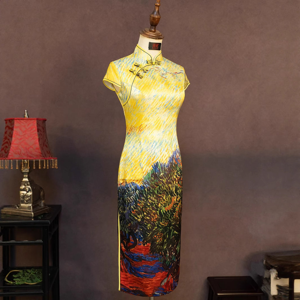 Hand-Painted Original Silk Cheongsam by Yan Yan, Olive Tree Makeup Photo Studio Custom Cheongsam