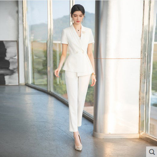 OL Design Sense Suit Female Niche Irregular Work Clothes Slim-fit Slimming White Business Suit Summer