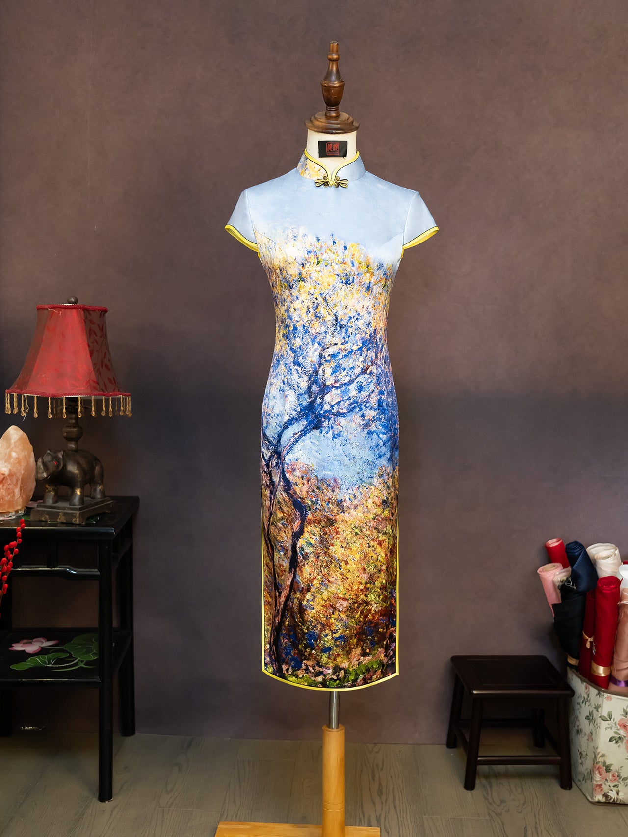 Hand-Painted Original Silk Cheongsam by Yan Yan, Custom-Made with the Tree of Life Design, Elegant Evening Cheongsam