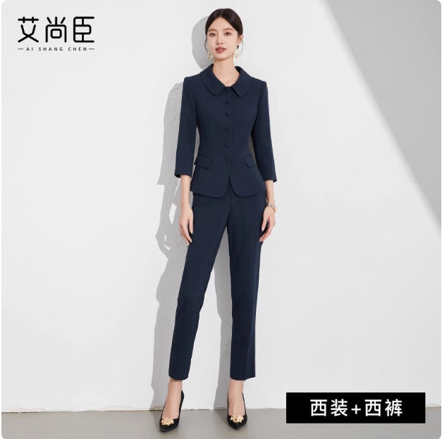 Spring and Autumn Fashionable Small Lasel navy blue Suit suit Slim-fit Slimming Retro Style Teachers' Professional Wear Formwork