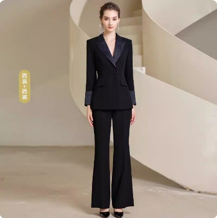 Spring and Autumn Fashion High-end Sense Satin Stitching Black Business Dress Elegant Goddess Fan Micro-pants Suit suit OL