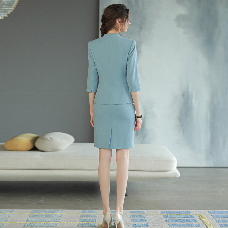Spring and autumn three-quarter sleeve blue V-neck fashionable elegant women's business wear suit Beauty Salon reception work clothes formal wear