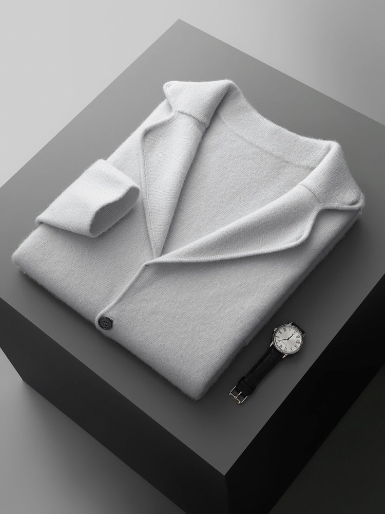Men's Cashmere Lapel Casual Suit, Thickened Knitted Cardigan, Autumn and Winter New Style, High-Waisted Drawstring Warm Pants, Trendy