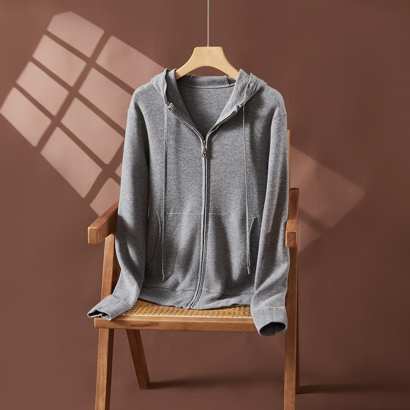 Cross-border Explosions Solid Color Double Zipper Hooded Knitted Cardigan Women's Cashmere Outer Top Solid Color Simple Wool Outer Shirt
