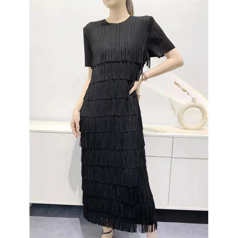 2026 New Style Solid Color High-End Tassel Patchwork Cake Dress for Women, Summer Long Pleated Elegant Age-Reducing Short-Sleeve Dress