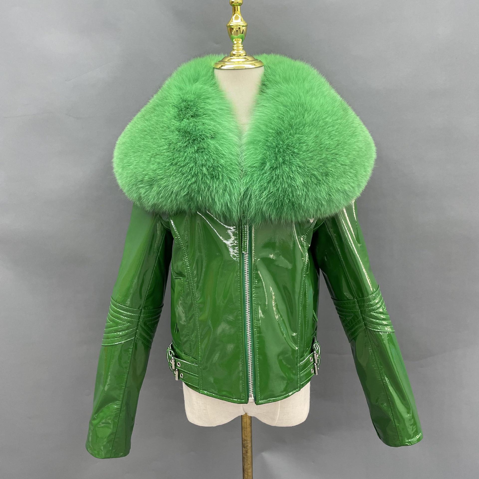 22 new cross-border exclusive real sheepskin bright leather fox fur collar motorcycle jacket fur jacket factory direct sales