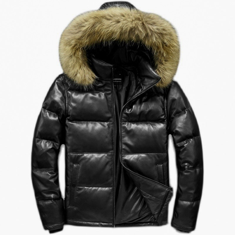 Sheepskin Down Jacket Winter Coat Warm New Thickened Casual Men's Detachable Hat Fur Collar Raccoon Fur