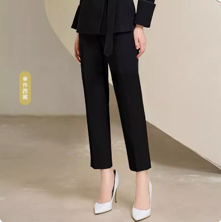 Spring and Autumn Fashion High-end Sense Satin Stitching Black Business Dress Elegant Goddess Fan Micro-pants Suit suit OL