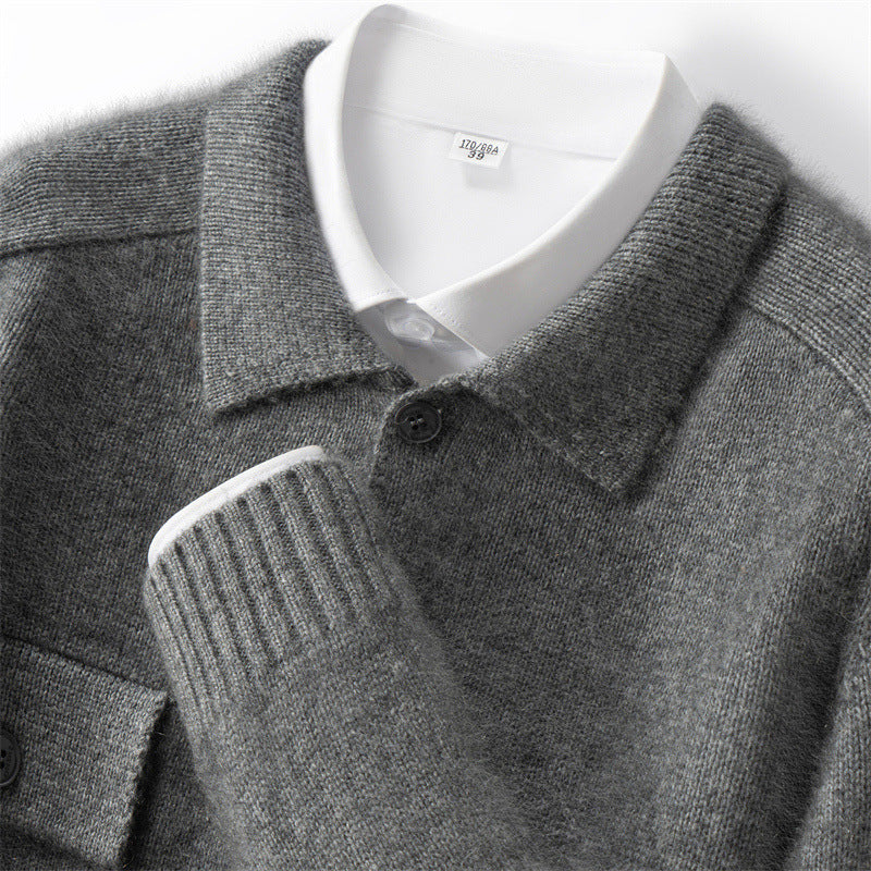 100% Pure Cashmere Cardigan Autumn and Winter Men's Lapel Bottoming Shirt Middle-Aged Business Casual Single-Breasted Jacket Ready for Sale