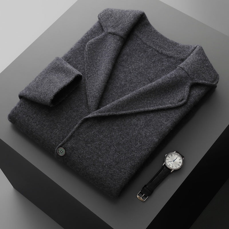 Men's Cashmere Lapel Casual Suit, Thickened Knitted Cardigan, Autumn and Winter New Style, High-Waisted Drawstring Warm Pants, Trendy