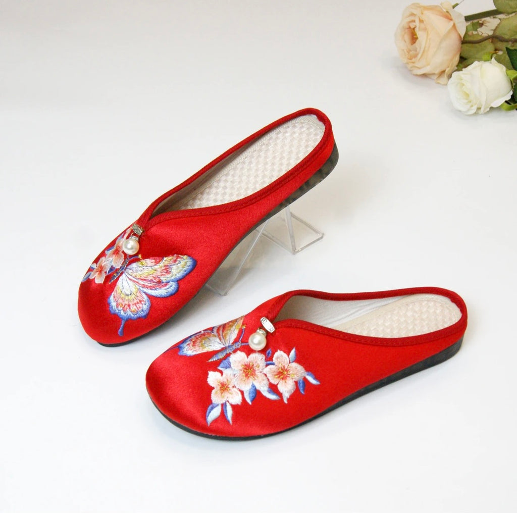 Butterfly Slippers Flat Bottom Baotou Half Drag National Style Home Atmospheric Ethnic Style Embroidered Cloth Shoes Soft Bottom 317-50D