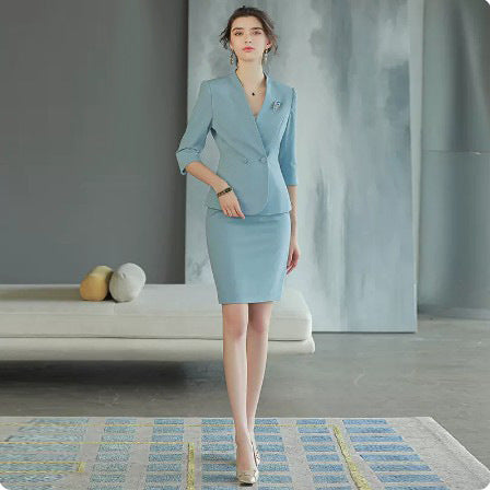 Spring and autumn three-quarter sleeve blue V-neck fashionable elegant women's business wear suit Beauty Salon reception work clothes formal wear