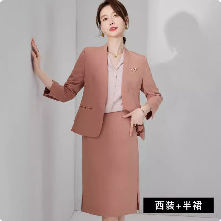 Spring and Autumn New Pink Elegant Goddess Fan Professional Suit Fashion Collarless Broadcasting Host Dress Dress