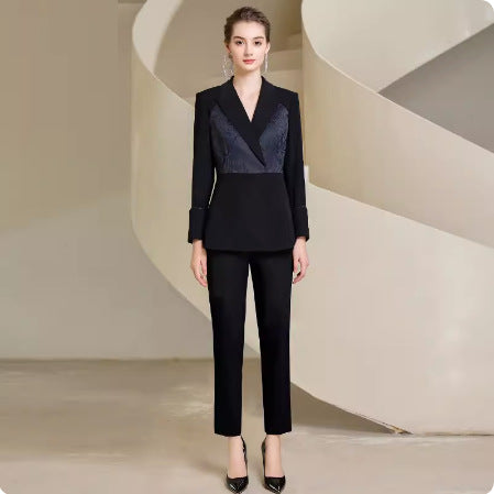 Spring and Autumn Fashion High-end Sense Satin Stitching Black Business Dress Elegant Goddess Fan Micro-pants Suit suit OL