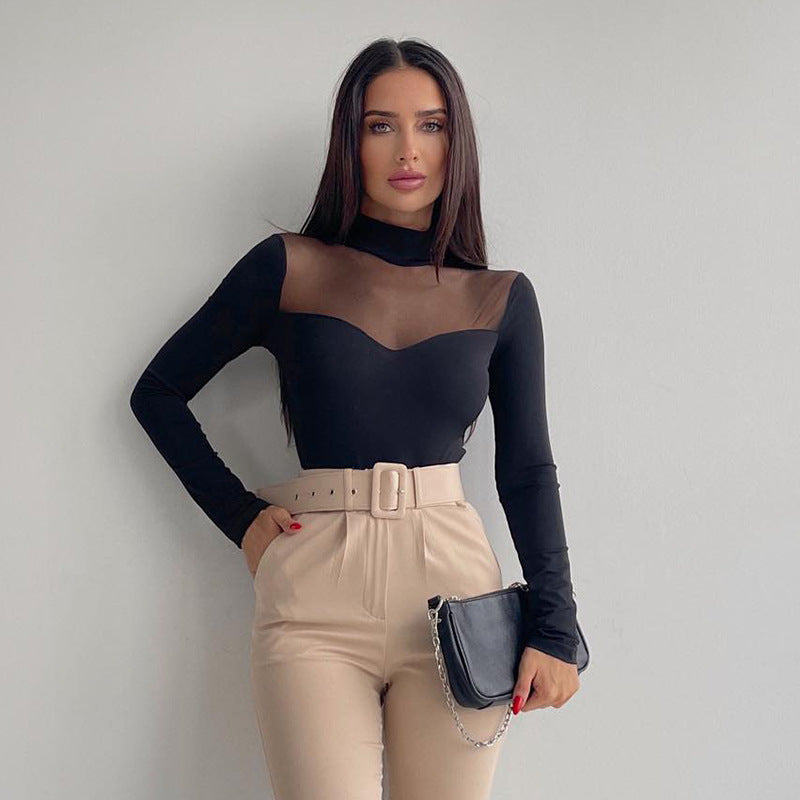 2023 European and American women's autumn new solid color mesh stitching long sleeve versatile bottoming slim top