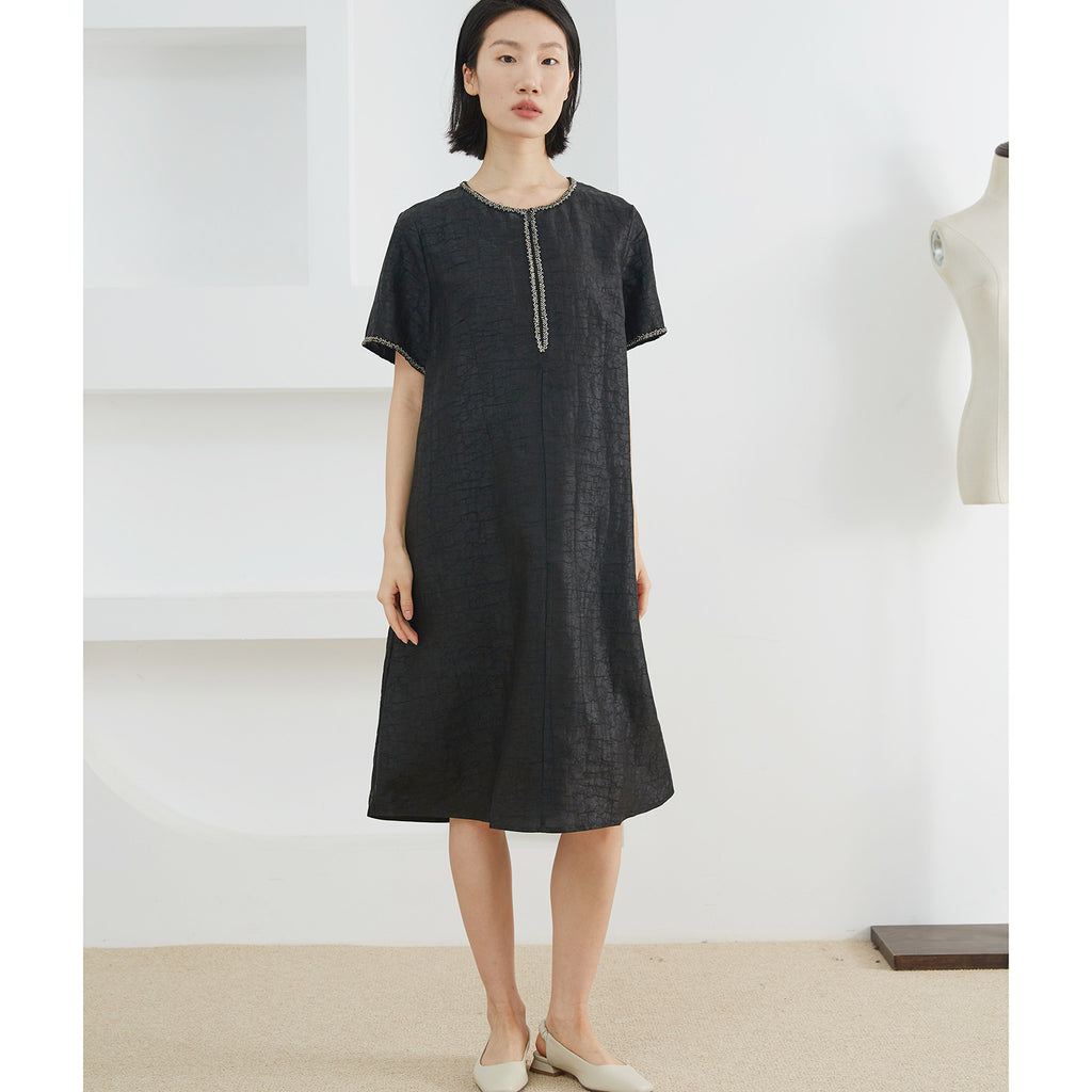 Xiangyun Yarn Tortoise Red Cloud Yarn Beads Silk dress Women's Summer 100% Mulberry Silk Short Sleeve Skirt