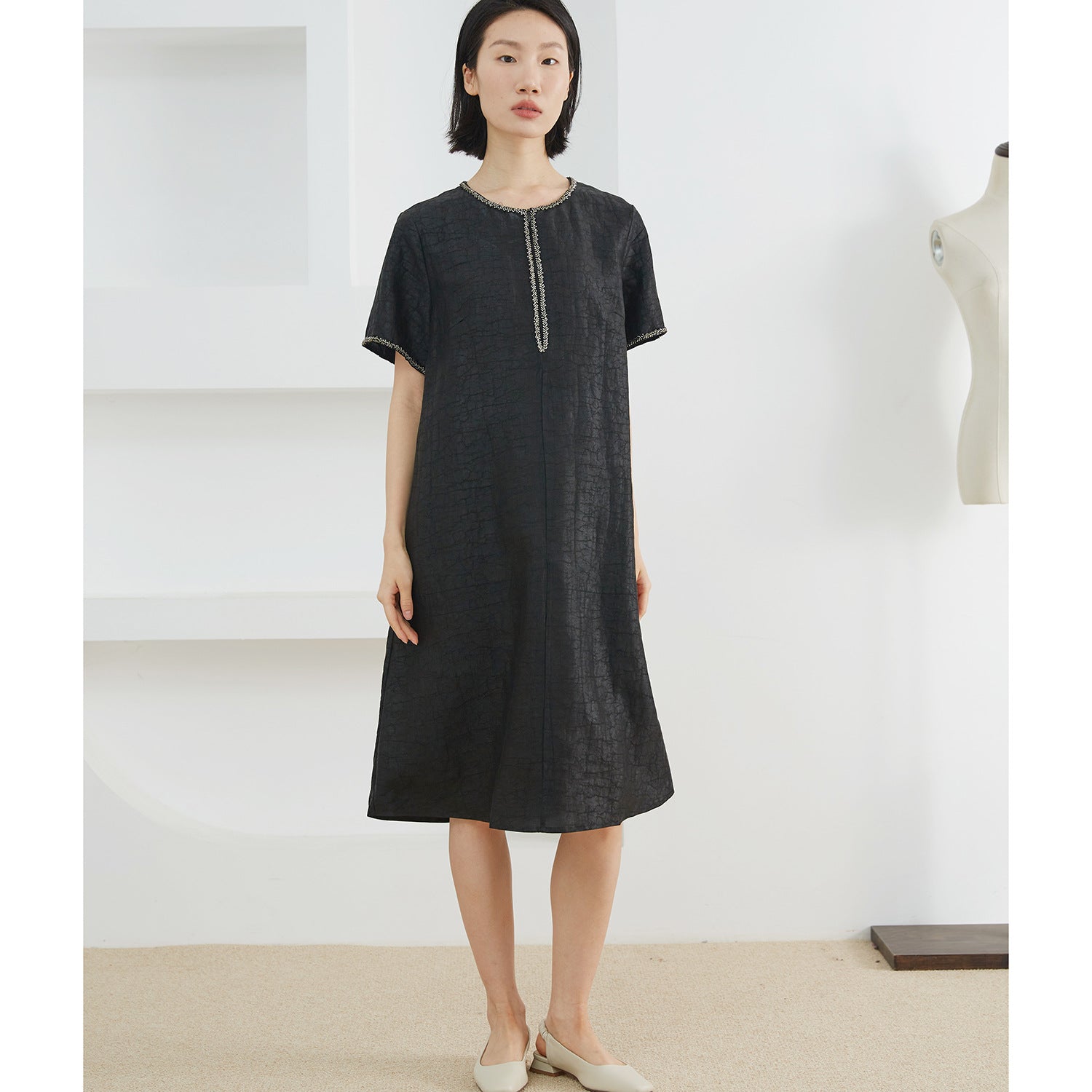 Xiangyun Yarn Tortoise Red Cloud Yarn Beads Silk dress Women's Summer 100% Mulberry Silk Short Sleeve Skirt