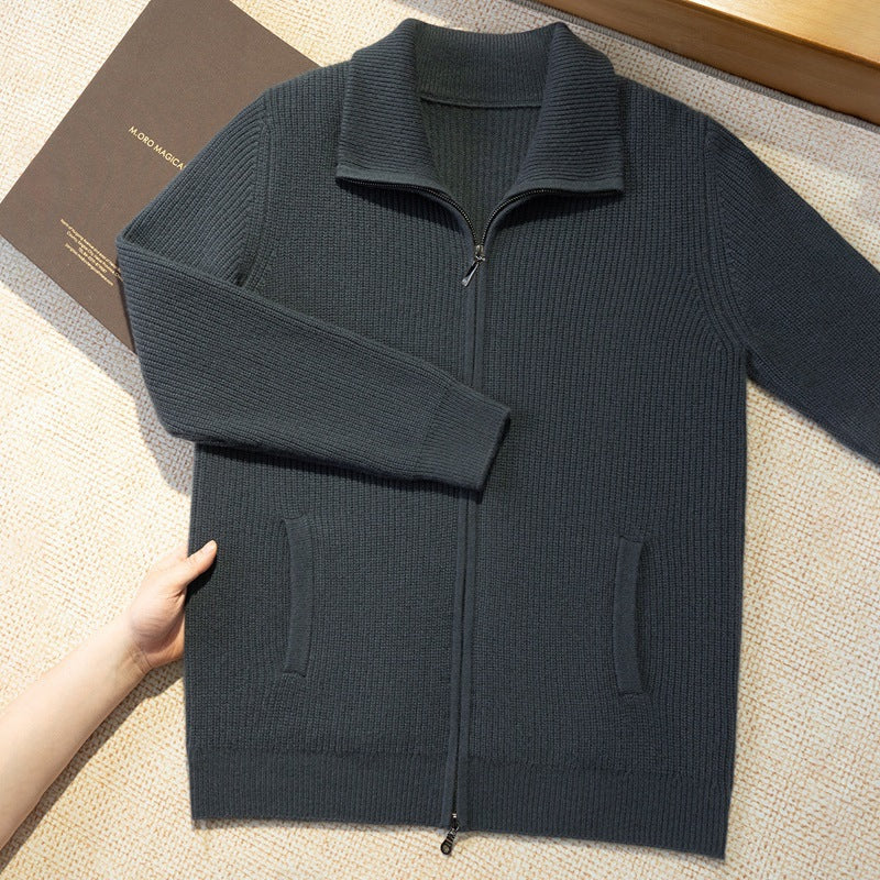 New Style Half-High Collar Long-Sleeve Zip-Up Autumn and Winter Pure Cashmere Ribbed Knit Cardigan Men's Jacket