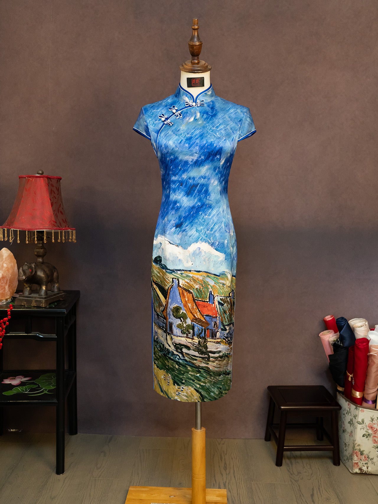 [Custom Pre-Sale] Original Design Silk Printed Fabric Cheongsam Inspired by Van Gogh's Paintings, Harmoniously Improved Cheongsam