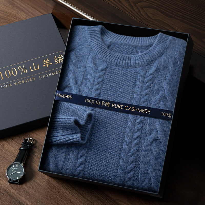 Cashmere Sweater Men's Round Neck 100 Pure Cashmere Autumn and Winter New Five-Needle Three-Strand Thickened Large Twist Knitted Sweater
