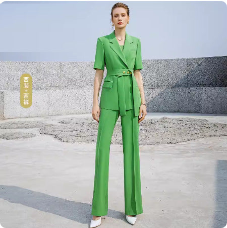 Summer Short-sleeved High-end Fashion Suit suit Temperament Female President Double-breasted Suit Pants Professional Business Dress
