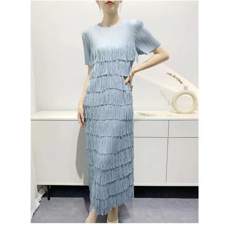 2026 New Style Solid Color High-End Tassel Patchwork Cake Dress for Women, Summer Long Pleated Elegant Age-Reducing Short-Sleeve Dress