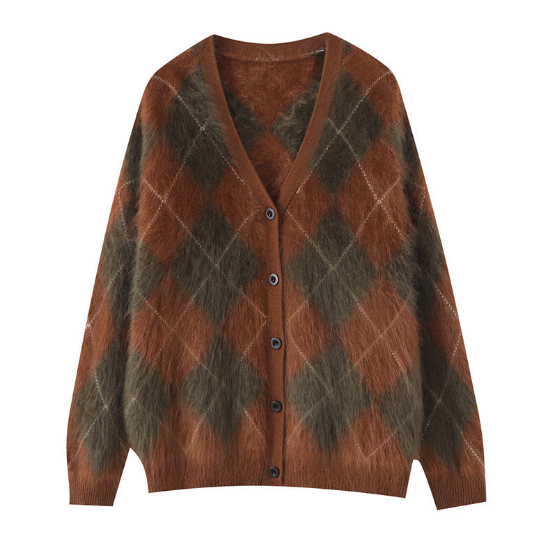 Royal Brushed Diamond Plaid 100 Pure Cashmere Brushed Cardigan V Neck Knitted Jacket Sweater 2025 Autumn and Winter