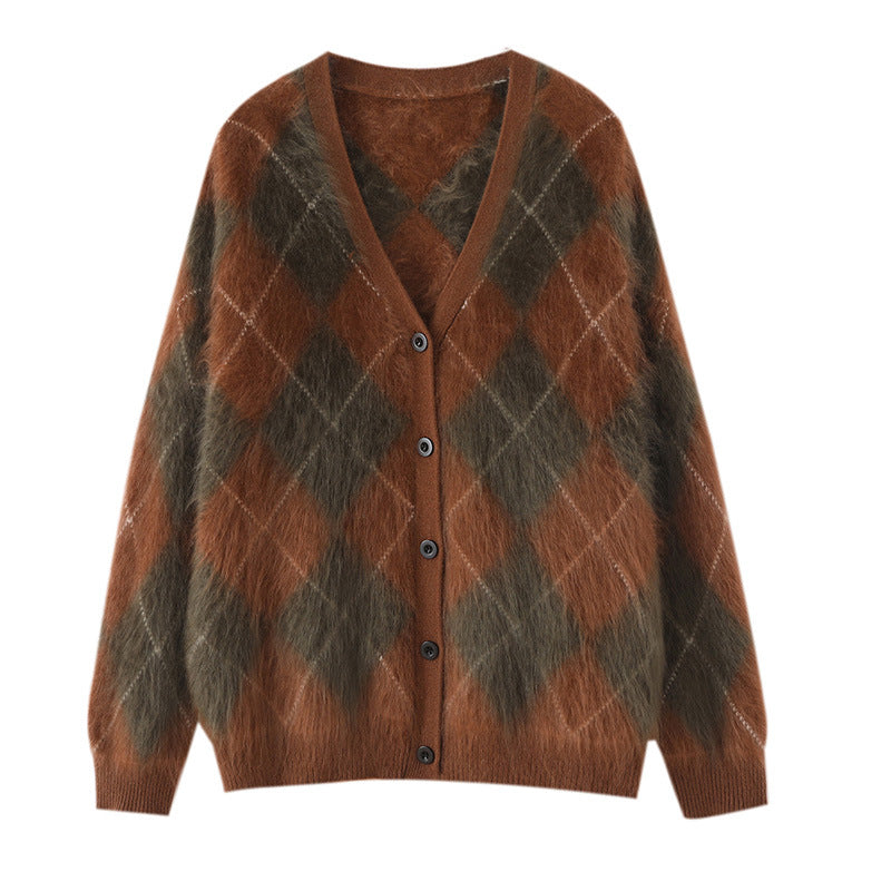 Royal Brushed Diamond Plaid 100 Pure Cashmere Brushed Cardigan V Neck Knitted Jacket Sweater 2025 Autumn and Winter