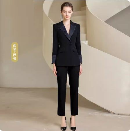 Spring and Autumn Fashion High-end Sense Satin Stitching Black Business Dress Elegant Goddess Fan Micro-pants Suit suit OL