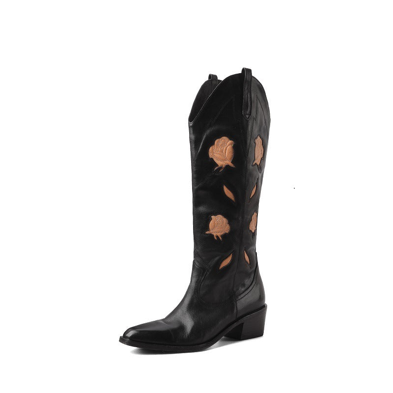 Western Cowhide Boots 2025 Spring New Women's Boots Thick Heel Medium Heel Fashion Boots Horsehide V-Mouth Embroidered Pointed Toe Boots