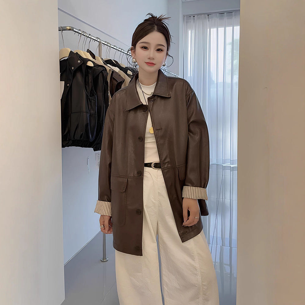 2026 Spring New Korean Style Retro Spliced Striped Cuff Design Mid-Length Leather Jacket for Women