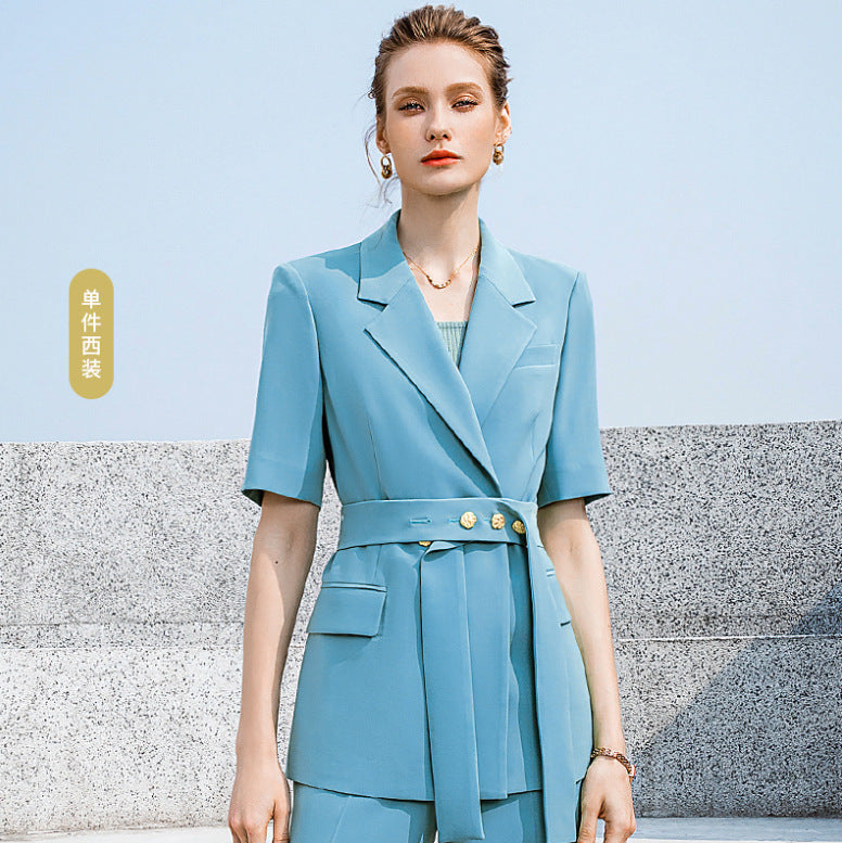 Summer Short-sleeved High-end Fashion Suit suit Temperament Female President Double-breasted Suit Pants Professional Business Dress