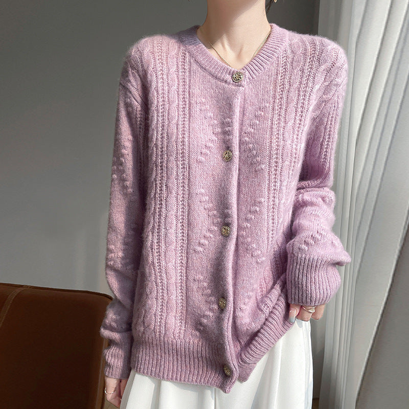 Silk Cashmere Series 25 Years Early Spring New Style 75% Cashmere 25% Mulberry Silk Drum Wave Round Neck Cardigan Jacket for Women