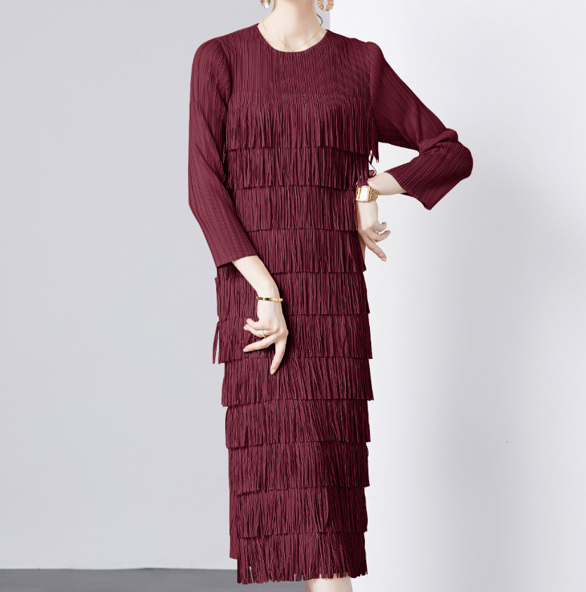 2026 New Style Solid Color High-End Tassel Patchwork Cake Dress for Women, Summer Long Pleated Elegant Age-Reducing Short-Sleeve Dress