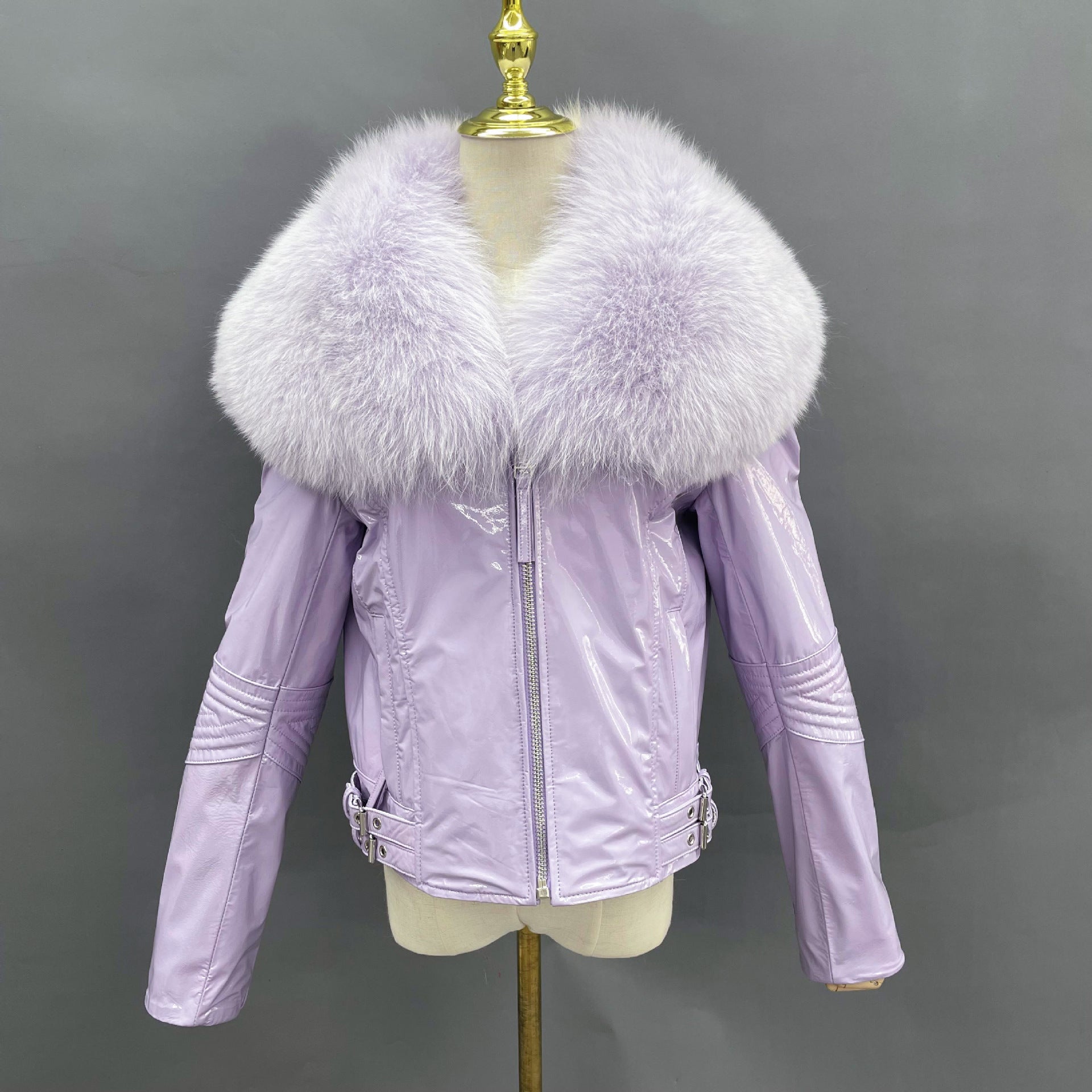 22 new cross-border exclusive real sheepskin bright leather fox fur collar motorcycle jacket fur jacket factory direct sales