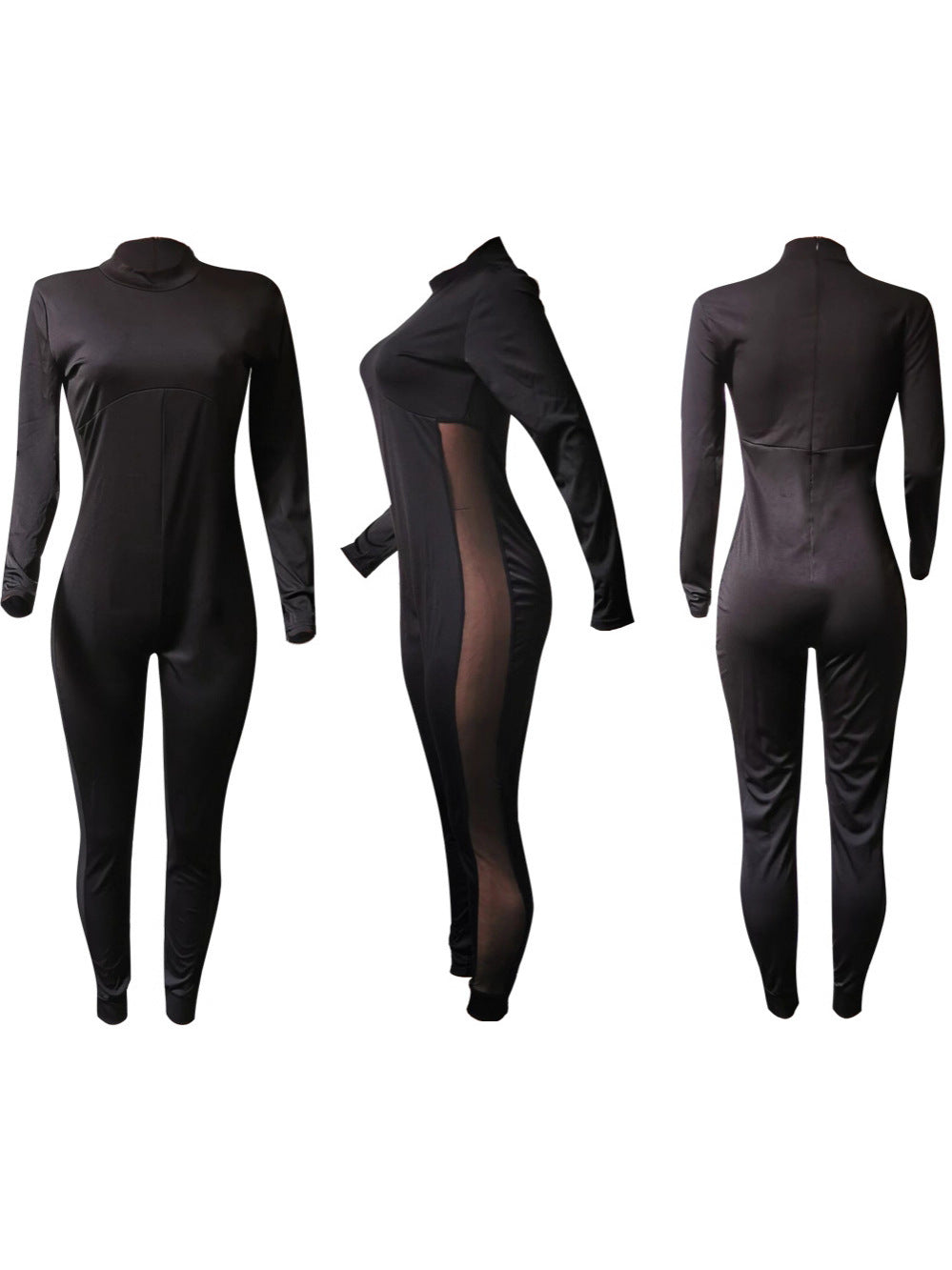 5593 Cross-Border Women's Autumn and Winter New Fashion Sexy Tight Mesh Splicing Long-Sleeved Pants Jumpsuit