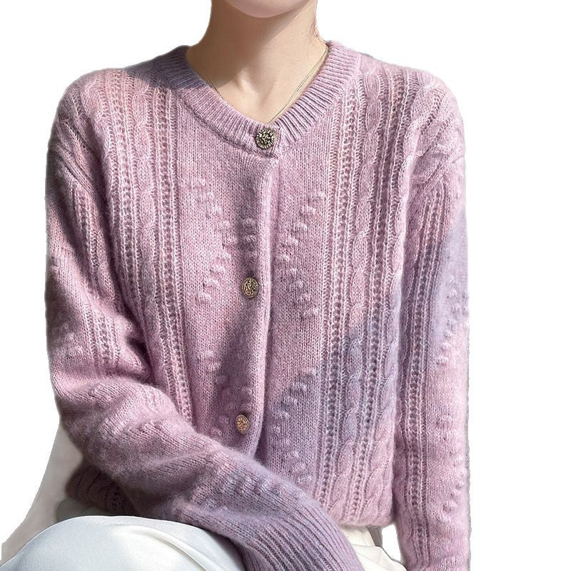 Silk Cashmere Series 25 Years Early Spring New Style 75% Cashmere 25% Mulberry Silk Drum Wave Round Neck Cardigan Jacket for Women