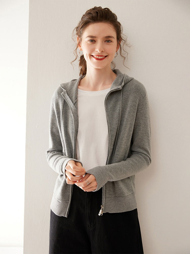 Cross-border Explosions Solid Color Double Zipper Hooded Knitted Cardigan Women's Cashmere Outer Top Solid Color Simple Wool Outer Shirt