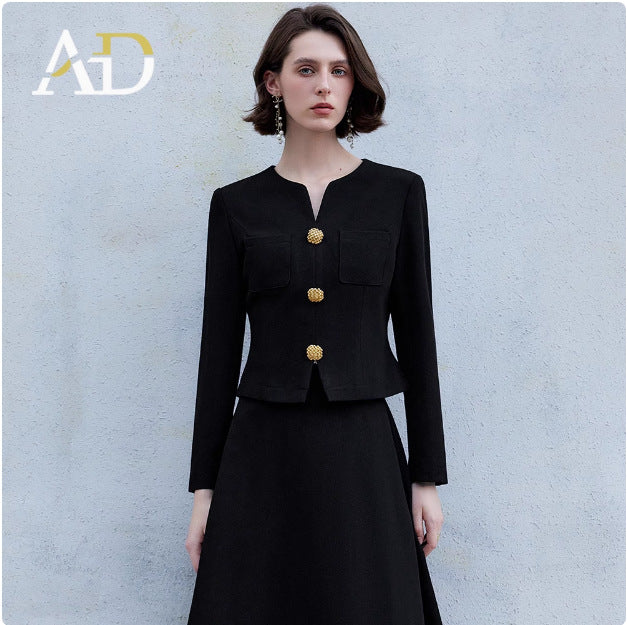 AD High-grade Sense Small V-neck Suit Dress Women's 2025 New Short Jacket Waist Suit Skirt Two-piece Autumn