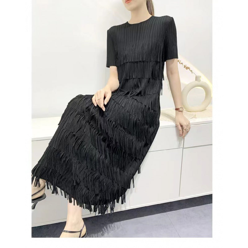 2026 New Style Solid Color High-End Tassel Patchwork Cake Dress for Women, Summer Long Pleated Elegant Age-Reducing Short-Sleeve Dress