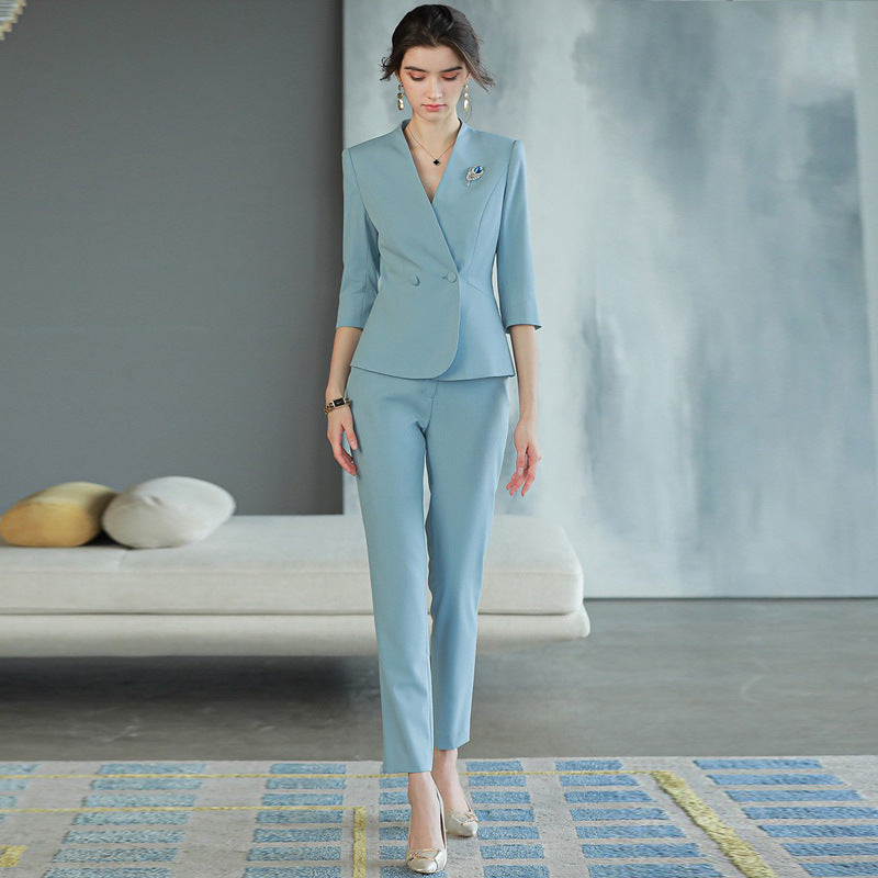 Spring and autumn three-quarter sleeve blue V-neck fashionable elegant women's business wear suit Beauty Salon reception work clothes formal wear