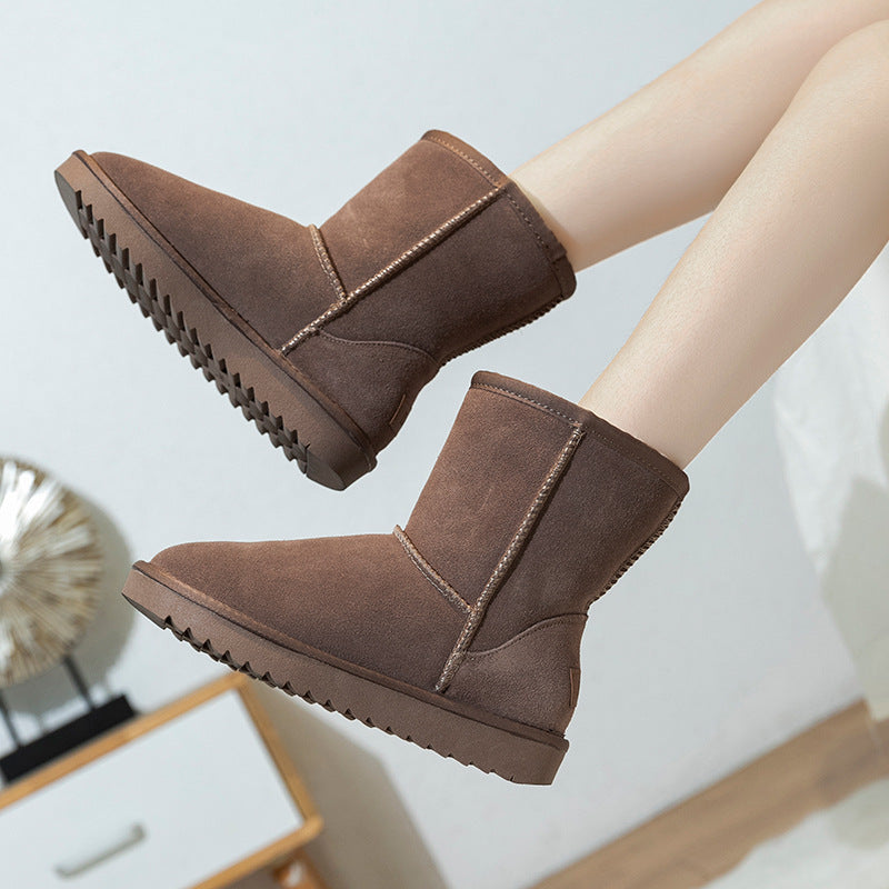 Winter New Women's Snow Boots Cowhide Faux Fur Non-Slip Thickened Cotton Boots Northeast Warm Women's Mid-Calf Snow Shoes