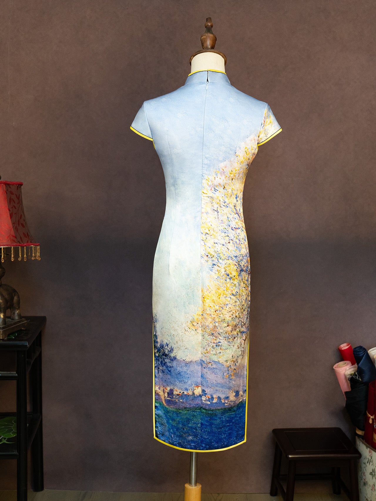 Hand-Painted Original Silk Cheongsam by Yan Yan, Custom-Made with the Tree of Life Design, Elegant Evening Cheongsam