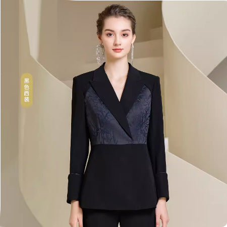 Spring and Autumn Fashion High-end Sense Satin Stitching Black Business Dress Elegant Goddess Fan Micro-pants Suit suit OL
