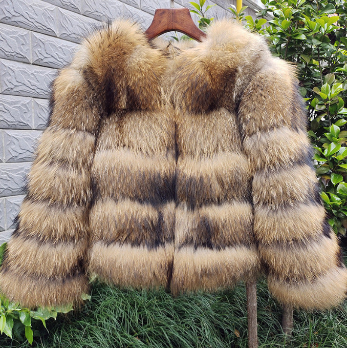 Fashion High-End Young Style Women's Coat, Aliexpress Popular Model, 5-Section Genuine Fox Fur Coat with Fur Integrated