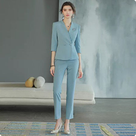 Spring and autumn three-quarter sleeve blue V-neck fashionable elegant women's business wear suit Beauty Salon reception work clothes formal wear